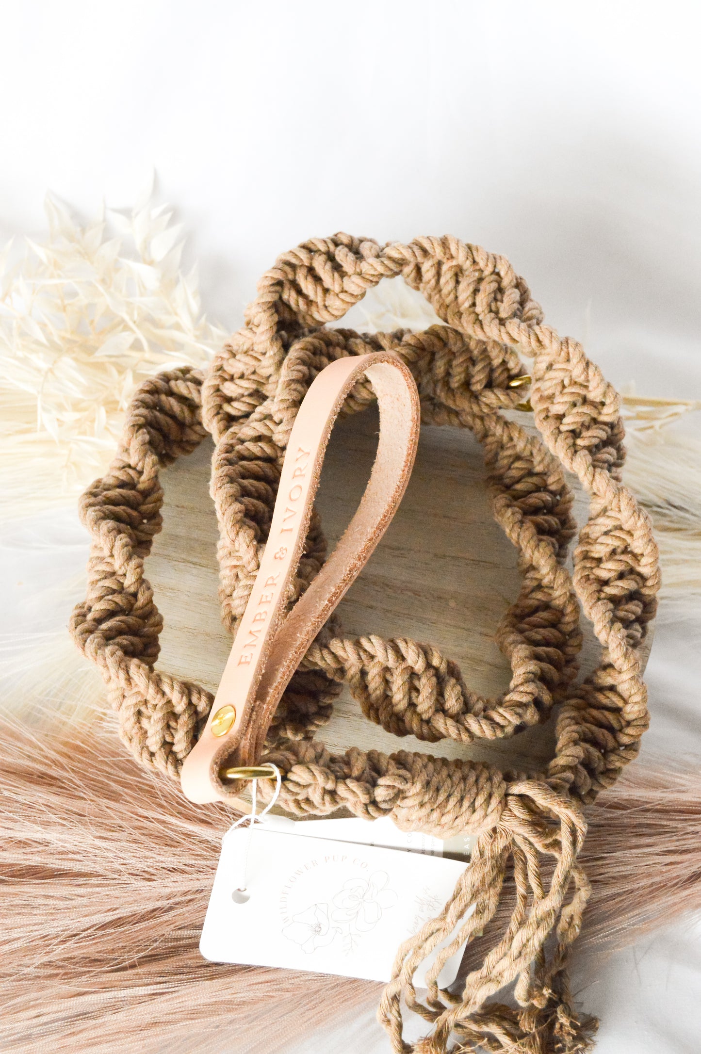 Ember & Ivory- Java Macrame Dog Leash w/ Natural Leather Handle--5 ft