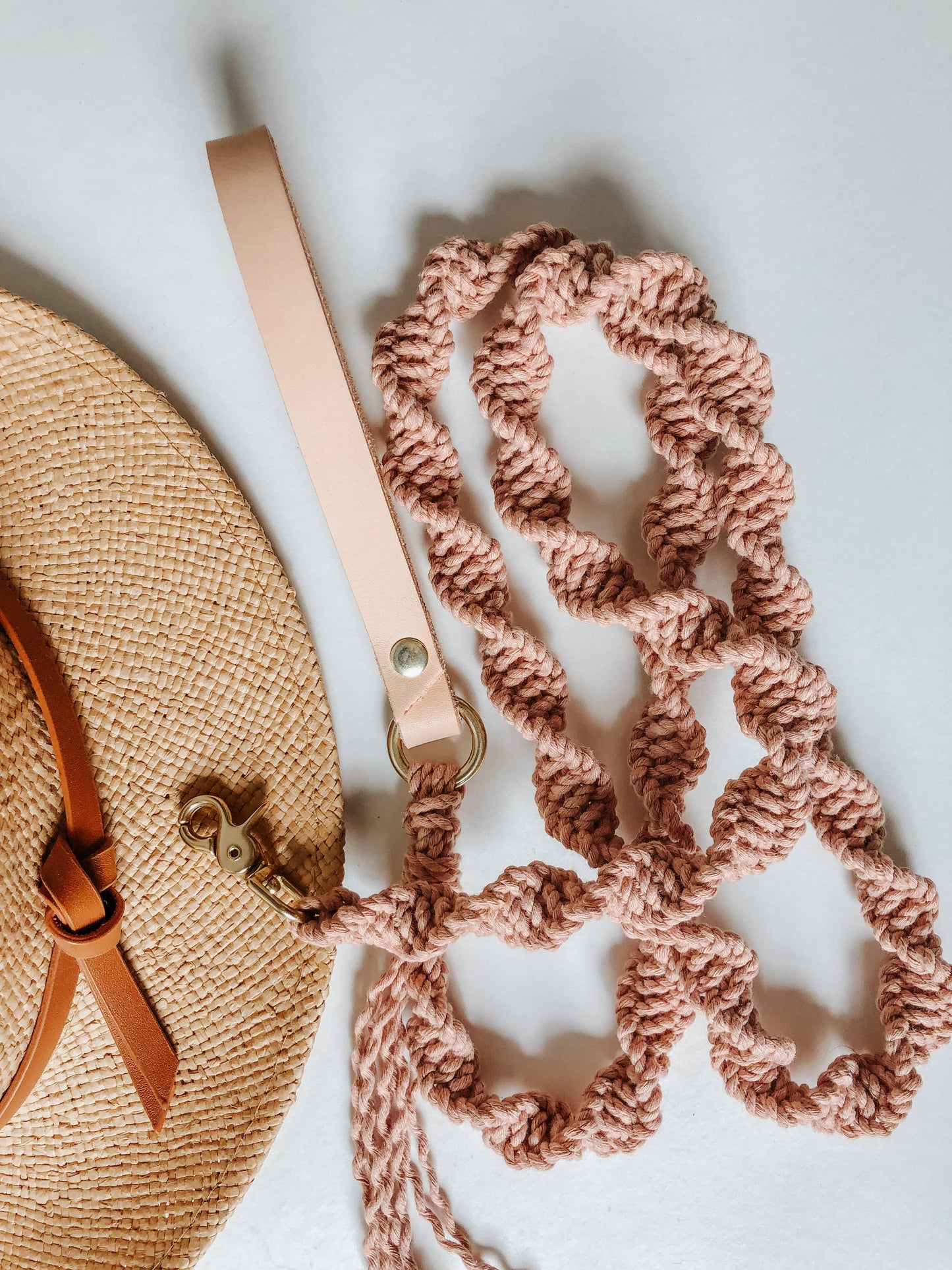 Ember & Ivory- Blush Macrame Dog Leash w/ Natural Leather Handle--5 ft