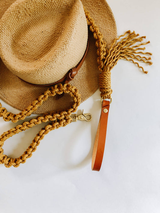 Ember & Ivory - Mustard Macrame Dog Leash w/ Caramel Leather Handle --5 ft