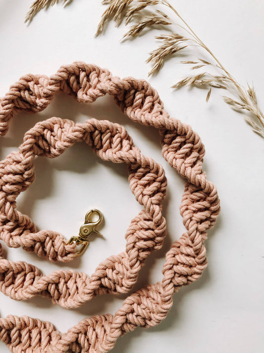 Ember & Ivory- Blush Macrame Dog Leash w/ Natural Leather Handle--5 ft