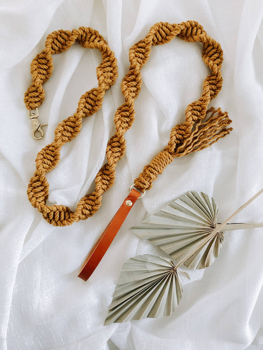 Ember & Ivory - Mustard Macrame Dog Leash w/ Caramel Leather Handle --5 ft