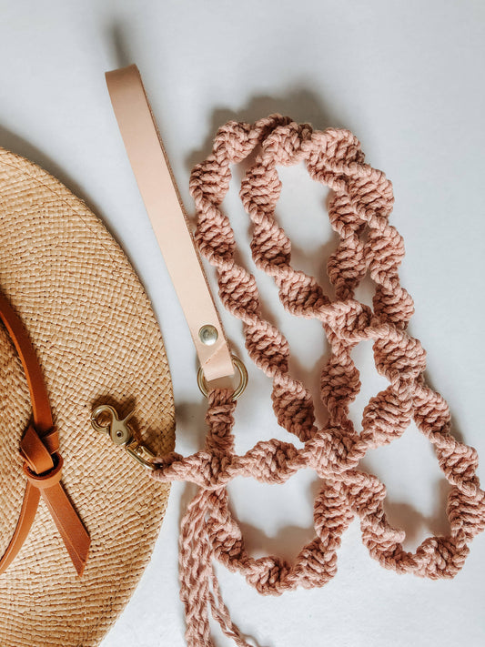 Ember & Ivory- Blush Macrame Dog Leash w/ Natural Leather Handle--5 ft